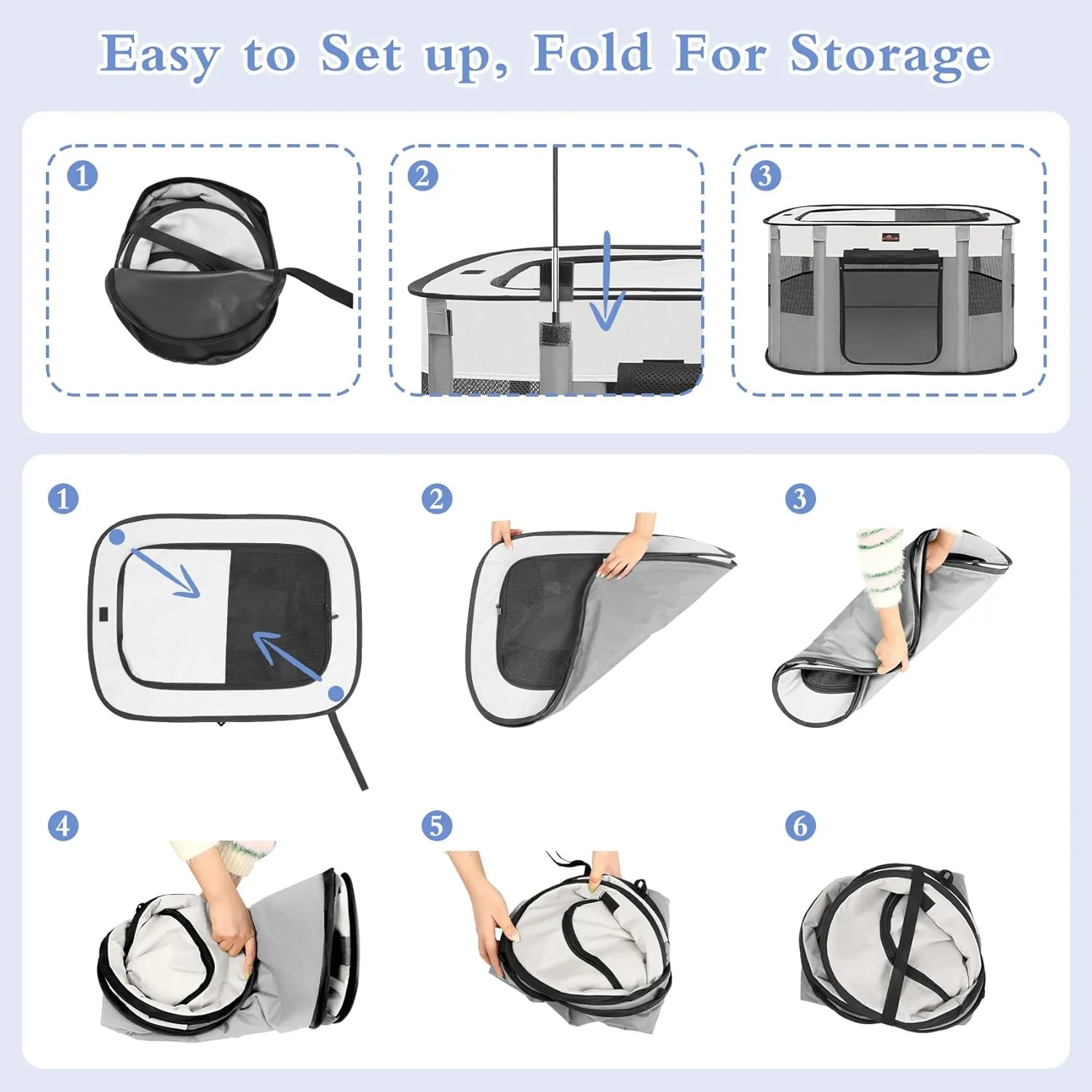 Aivituvin Dog Playpen, Portable Cat Pet Play Pen for Travel Camping Use, Foldable Dog Kennel Tent Crate with Carrying Bag for Indoor Outdoor Small Animals Grey L