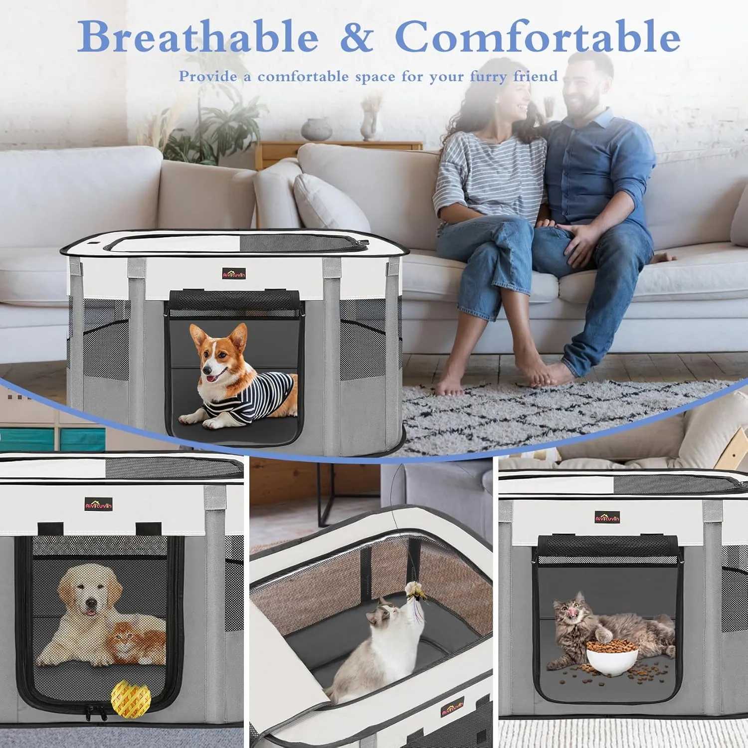 Aivituvin Dog Playpen, Portable Cat Pet Play Pen for Travel Camping Use, Foldable Dog Kennel Tent Crate with Carrying Bag for Indoor Outdoor Small Animals Grey L