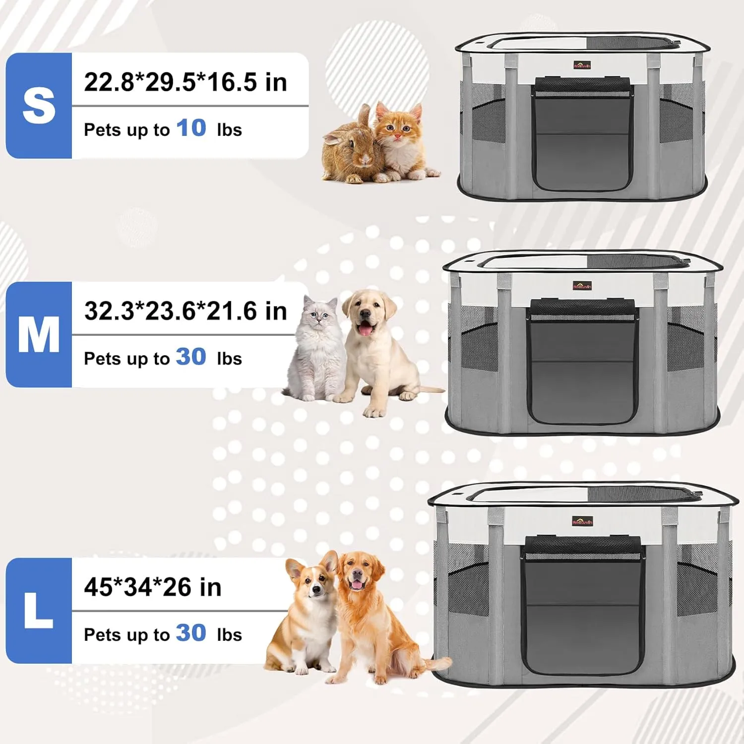 Aivituvin Dog Playpen, Portable Cat Pet Play Pen for Travel Camping Use, Foldable Dog Kennel Tent Crate with Carrying Bag for Indoor Outdoor Small Animals Grey L