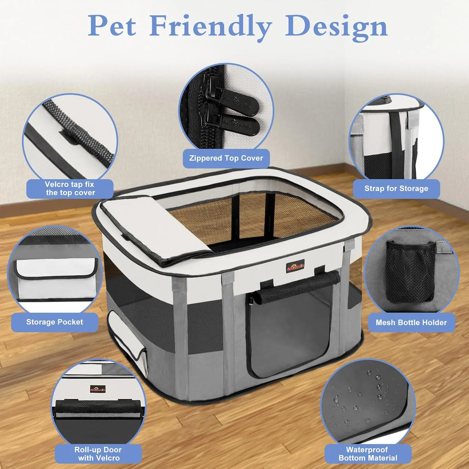 Aivituvin Dog Playpen, Portable Cat Pet Play Pen for Travel Camping Use, Foldable Dog Kennel Tent Crate with Carrying Bag for Indoor Outdoor Small Animals Grey L