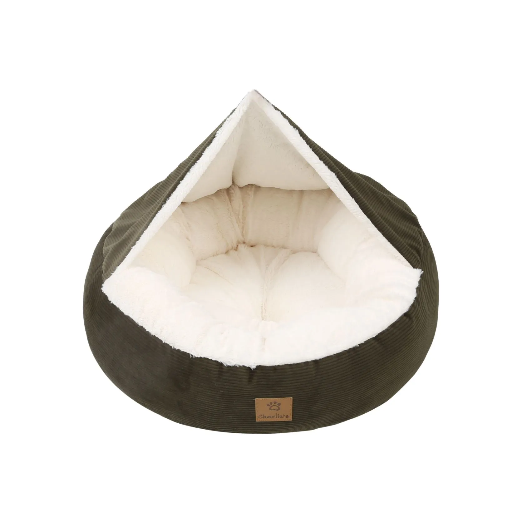 Charlie's Snookie Hooded Corduroy Calming Dog Bed Olive Medium
