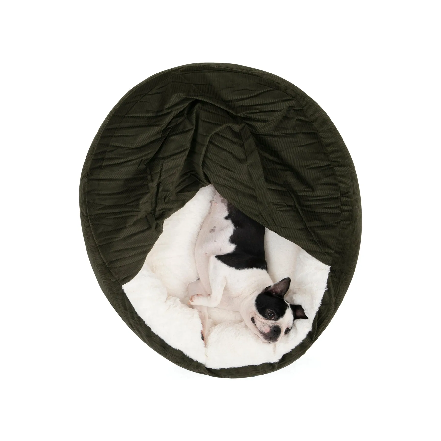 Charlie's Snookie Hooded Corduroy Calming Dog Bed Olive Medium