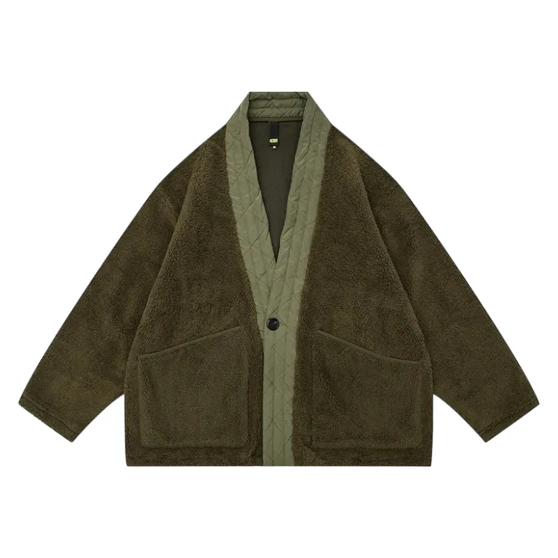 Cozy polar fleece cardigan with woven trim
