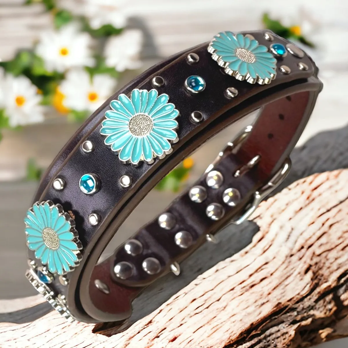 Custom Leather Dog Collar Sunflower