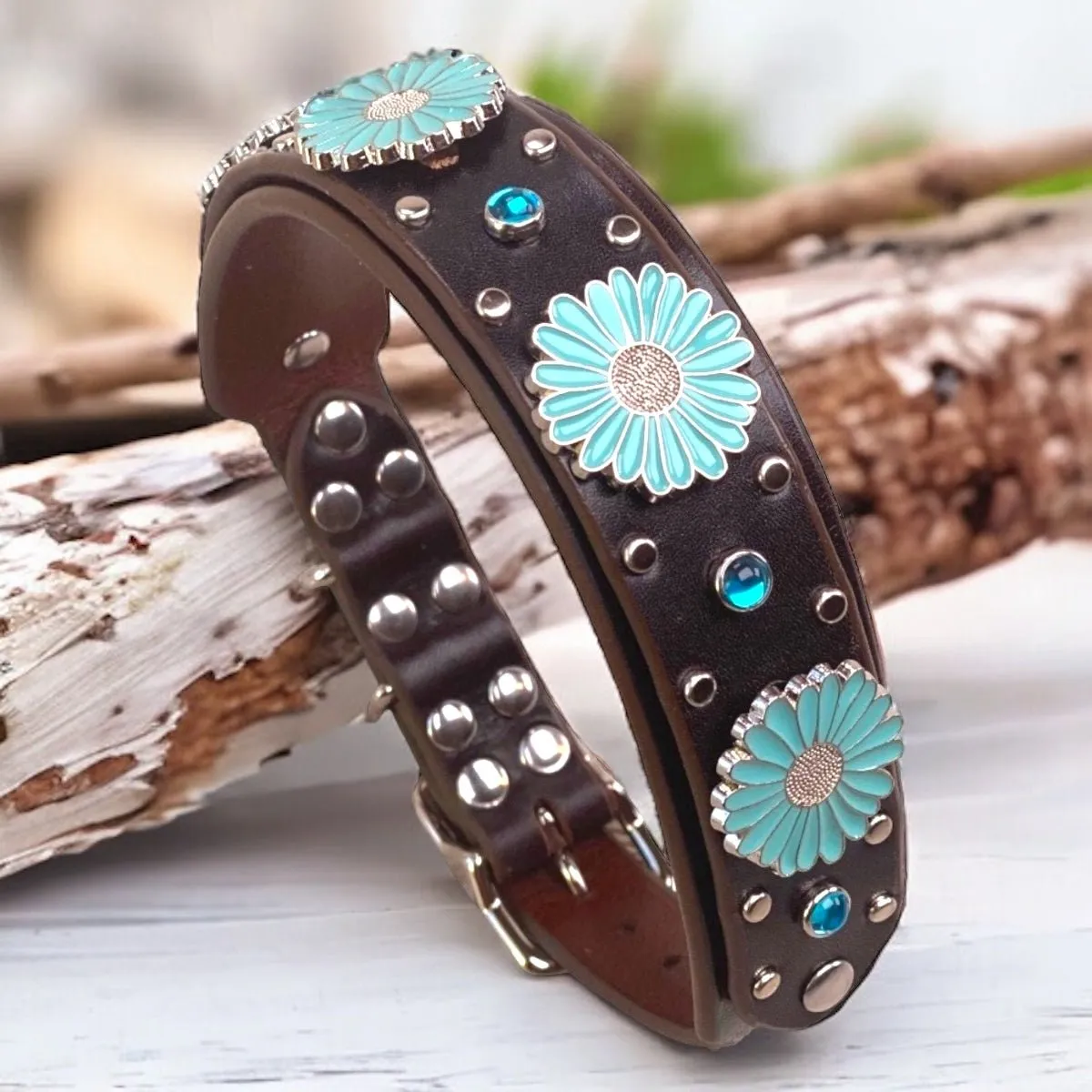 Custom Leather Dog Collar Sunflower
