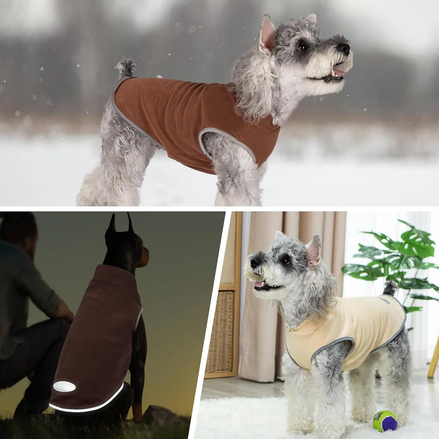 cyeollo Fleece Dog Sweater Vest, Reflective Dog Sweatshirt Pullover Dog Jacket for Small Medium Large Dog Clothes Boy Girl Pets, Brown & Khaki L