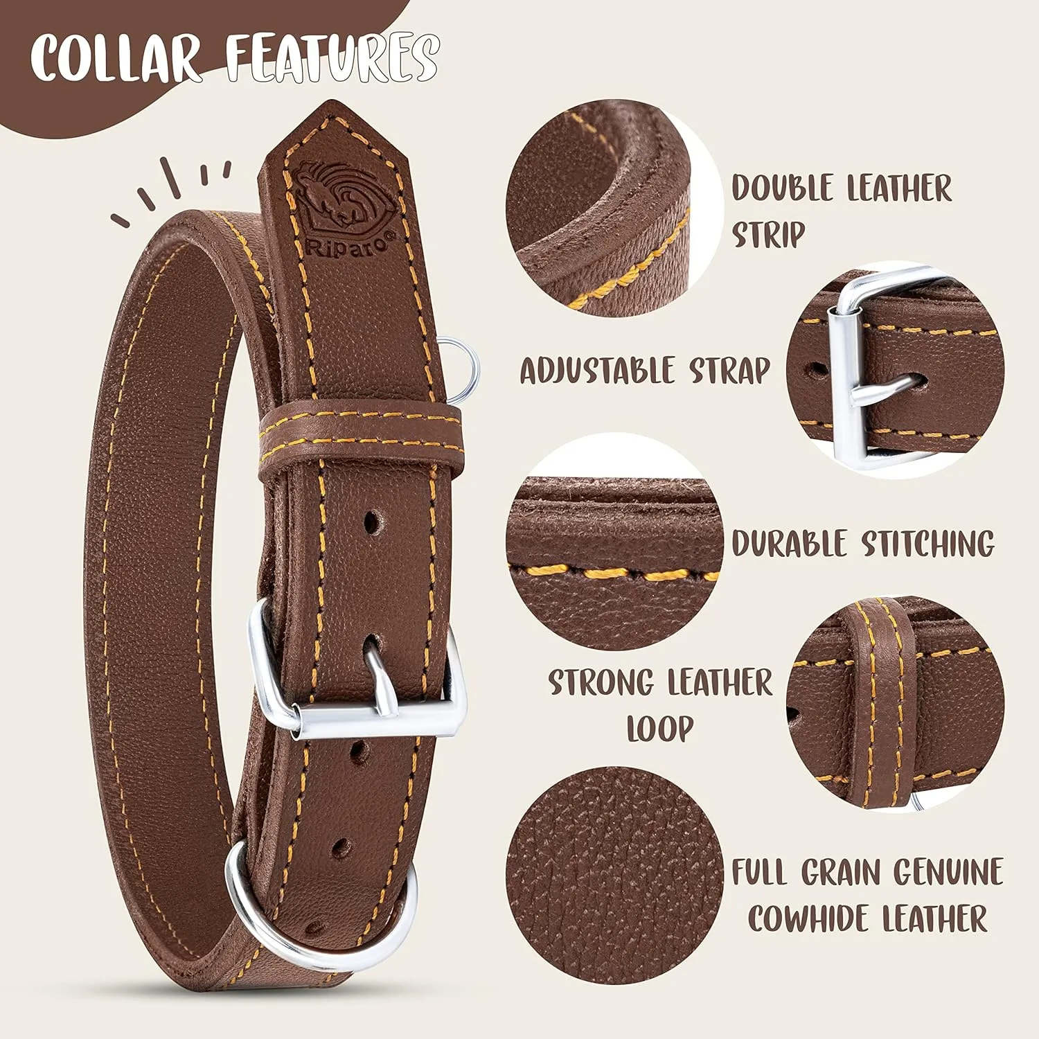 Dog Collar - Genuine Leather Dog Collar - Heavy Duty Hardware for Large and Extra Large Dog Breeds - Brown