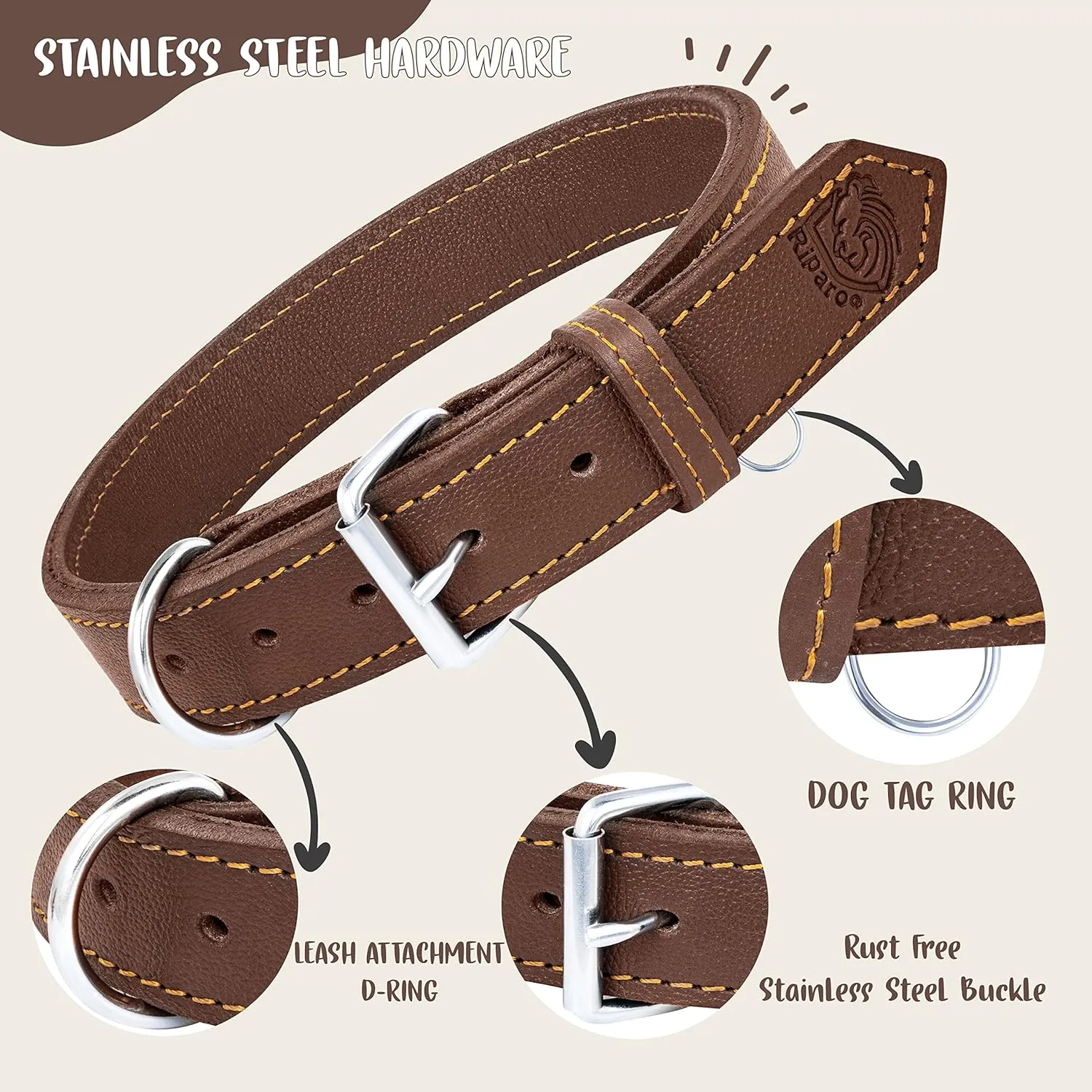 Dog Collar - Genuine Leather Dog Collar - Heavy Duty Hardware for Large and Extra Large Dog Breeds - Brown