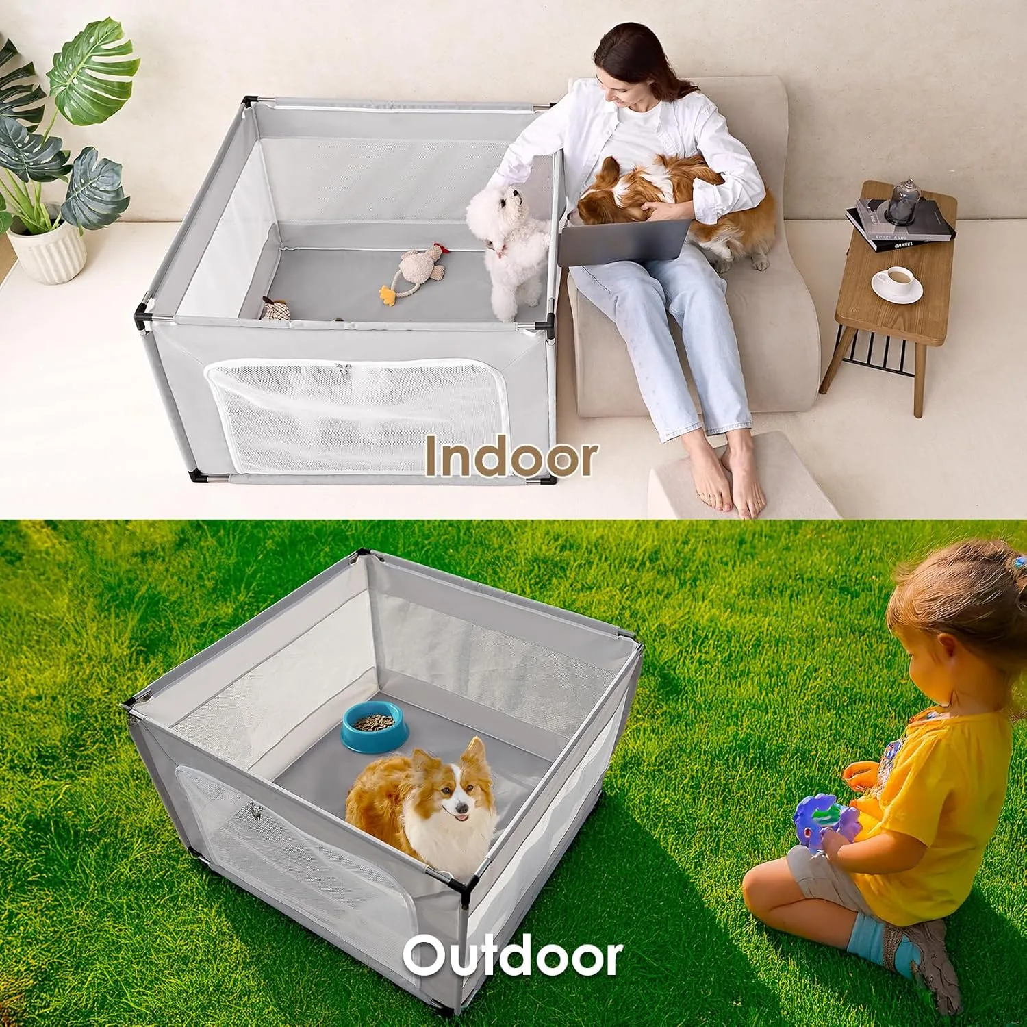 EHEYCIGA 42x42x26 Inches Puppy Playpen for Dogs & Cats Indoor or Outdoor - Dog Play Pen with Door, Dog Fence for Small Pets with Heavy-Duty Oxford & Steel Frame