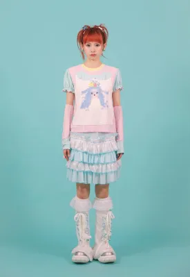 Frufru Pastel Puppy Graphic Tee Set - Girls' Puff Sleeve Top With Detachable Arm Warmers