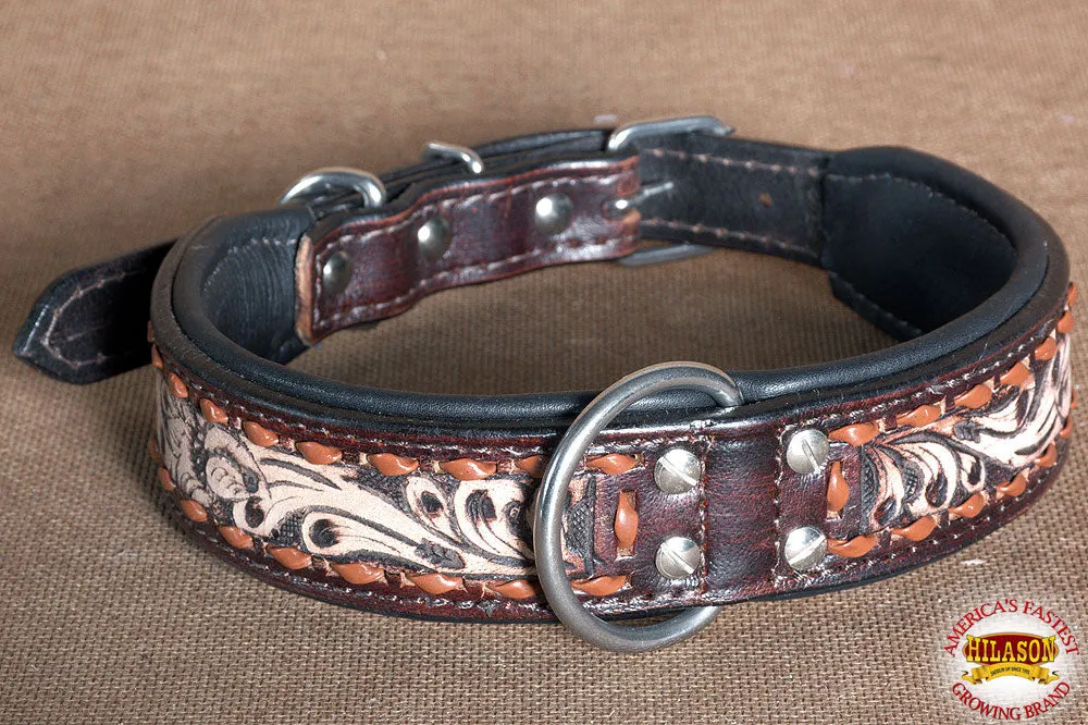 Hilason Heavy Duty Genuine Leather Dog Collar Floral Carving Brown