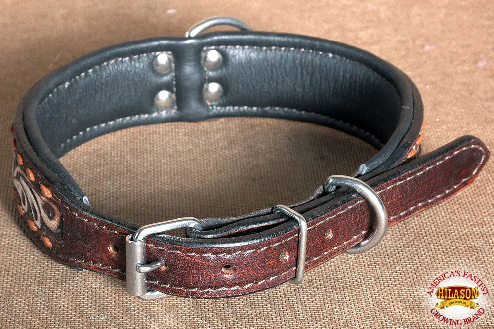 Hilason Heavy Duty Genuine Leather Dog Collar Floral Carving Brown