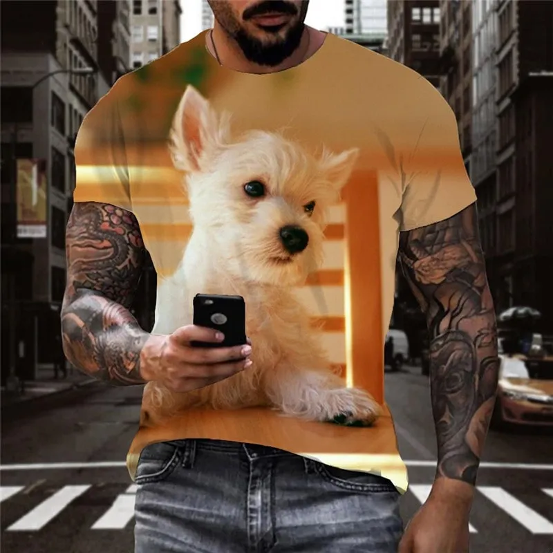 shirts Little White dog Puppy Cute Pets Print clothes man Casual big Smart dogs art costume